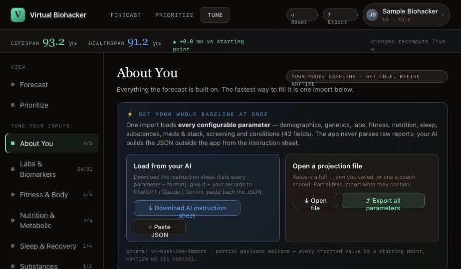 About You — set your whole baseline at once by importing JSON your AI builds from an instruction sheet