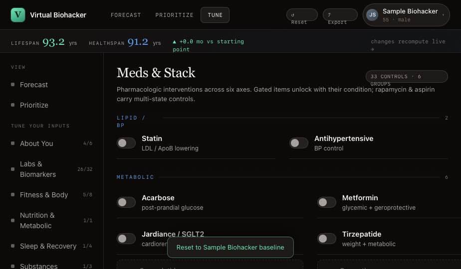 Meds & Stack screen — pharmacologic intervention toggles grouped by axis
