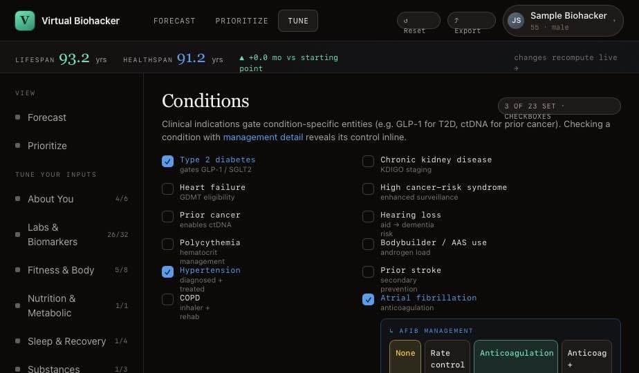 Conditions screen — clinical indication checkboxes with inline AFib management control