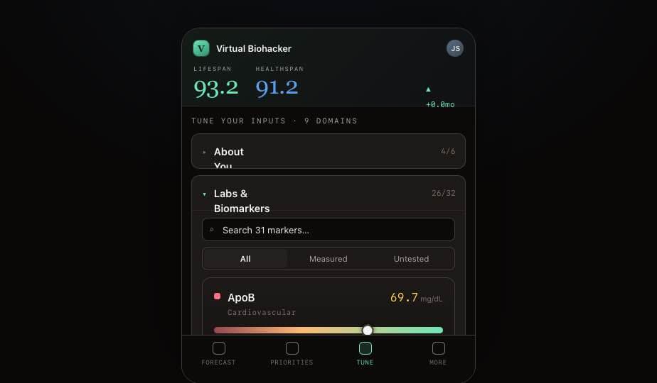 Virtual Biohacker on mobile — full model with bottom navigation